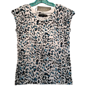 Lavena NWT Women's Ribbed Sweater Sleeveless White/Black/Blue Animal Print SMALL